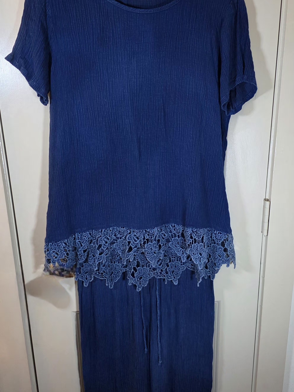 Boho Lounge Set Women 2PC Blue Lace Trim 100% Rayon‎ Wide Leg Pants Petite M - Picture 10 of 10